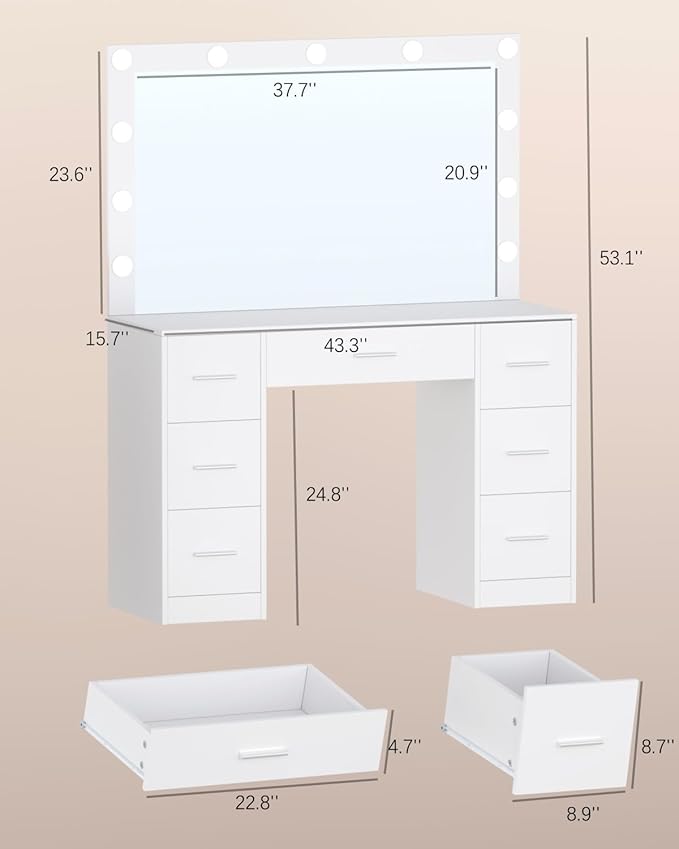 Irontar Vanity Table, Makeup Desk with Lighted Mirror, Dressing Desk with Drawers and Adjustable Brightness, 3 Color Lighting Modes, Vanity Desk for Women(White)