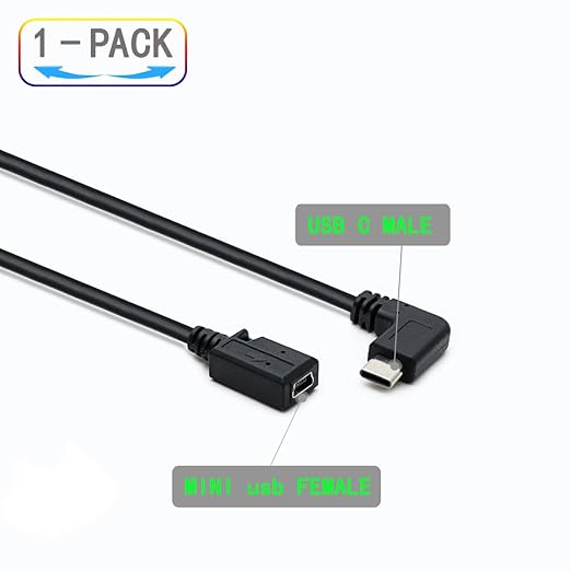 90 Degree USB Type C Male to Mini USB Female Cable, Adapter for MacBook Pro, Laptop, Android Devices
