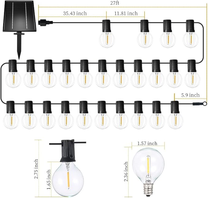 Solar String Lights Waterproof LED Indoor/Outdoor Hanging Umbrella Lights with 30 Bulbs - 50 Ft Patio Light for Deckyard Tents Market Cafe Gazebo Porch Party Decor