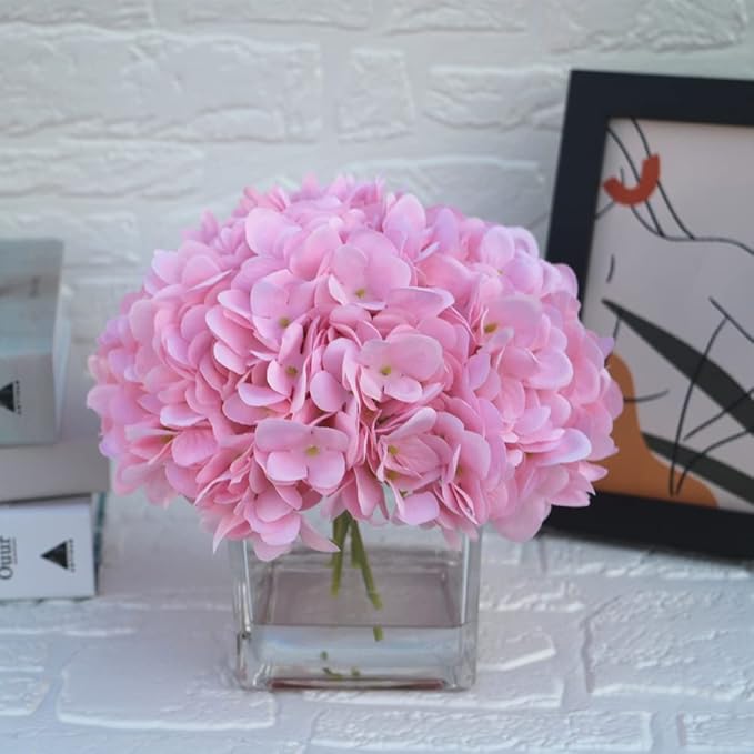 Silk Pink Hydrangea Artificial Flowers in Vase with Faux Water, Silk Flower Arrangements in Vase for Home Decor, Wedding Table (Pink)