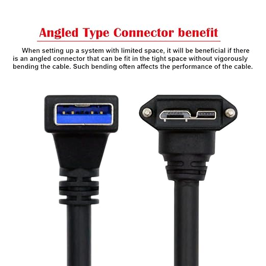 NFHK Down Angled 90 Degree USB 3.0 A Male to Micro-B 3.0 Plug Up Angled Locking Screw Panel Cable 25cm