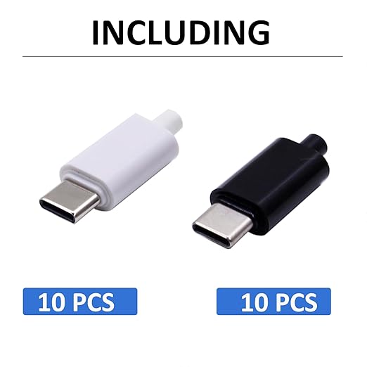 20 Set USB C Male Connector Kit DIY, 24 Pin Type C Plug Repair kit with PCB Board and Housing(Black + White)