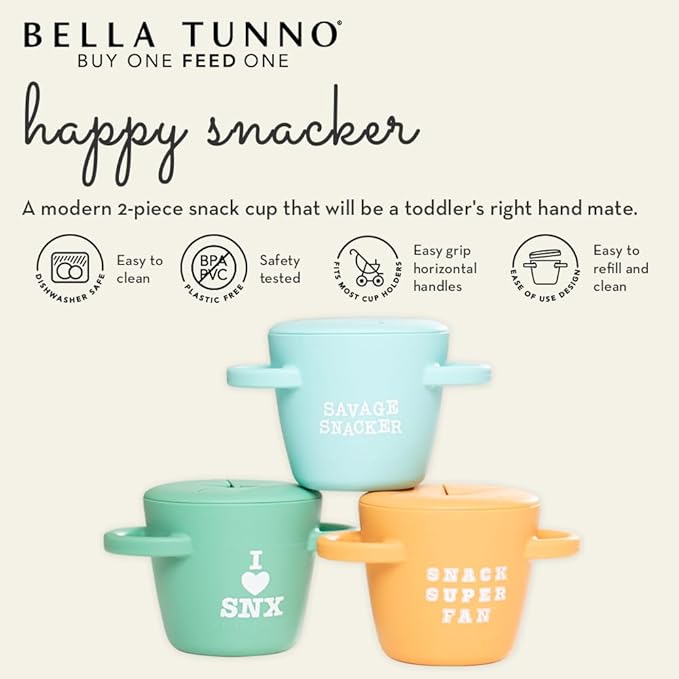 Bella Tunno Snack Cups for Toddlers, Silicone Spill Proof Food Container with Lid, Babies & Kids 6-12 Months, I Love SNX