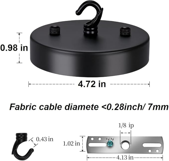 4.72 Inch Steel Light Canopy Kit - Black Modern Ceiling Light Plate with Hook, Suitable for Pendant Light and Chandelier, Includes All Mounting Hardware