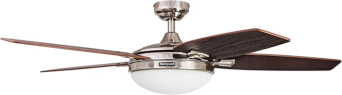 Honeywell Ceiling Fans Carmel, 48 Inch Contemporary Indoor LED Ceiling Fan with Light, Remote Control, Dual Mounting Options, Dual Finish Blades, Reversible Motor - 50196-01 (Brushed Nickel)