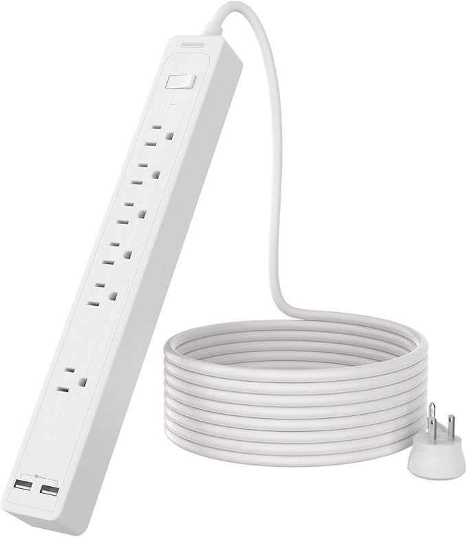 Extension Cord 15 ft, 6 Outlets Surge Protector Outlet, Heavy Duty Long Power Strip Flat Plug, 1875W Flat Plug, Widely Spaced Outlet, Wall Mount for TV Dorm Office Home Theater, White