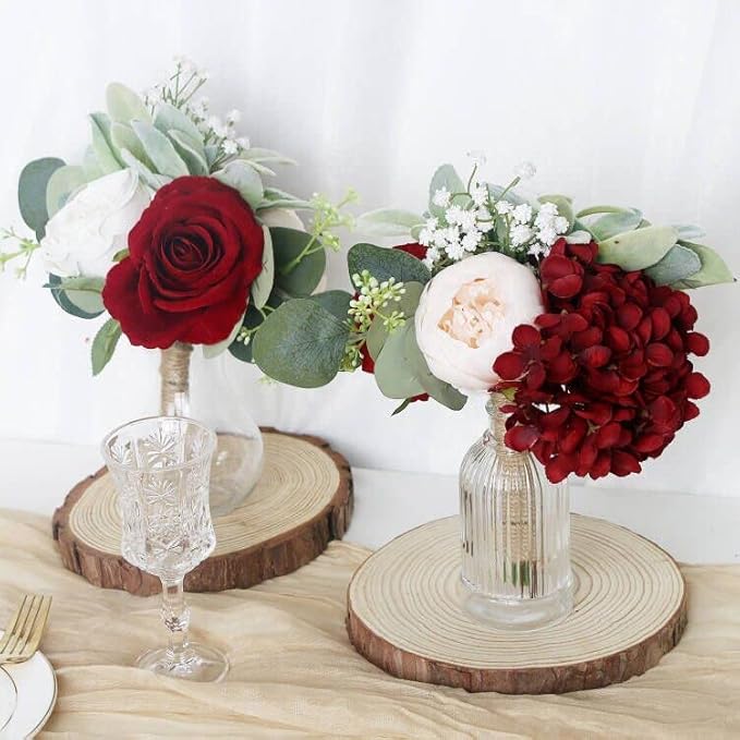 Artificial Flowers Bridesmaid Bouquets - Set of 4 Bridesmaid Bouquet Burgundy White Handmade Silk Floral Bouquet for Wedding Ceremony Anniversary, Bridal Shower, Home Table Decorations