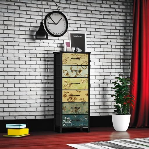 Furnulem Tall 6 Drawers Dresser, Vintage Storage Organizer Unit with Fabric Bins for Bedroom, Living Room, Closet, Nusery, Dorm, Entryway, Bedside Furniture, Sturdy Metal Frame, Wood Top