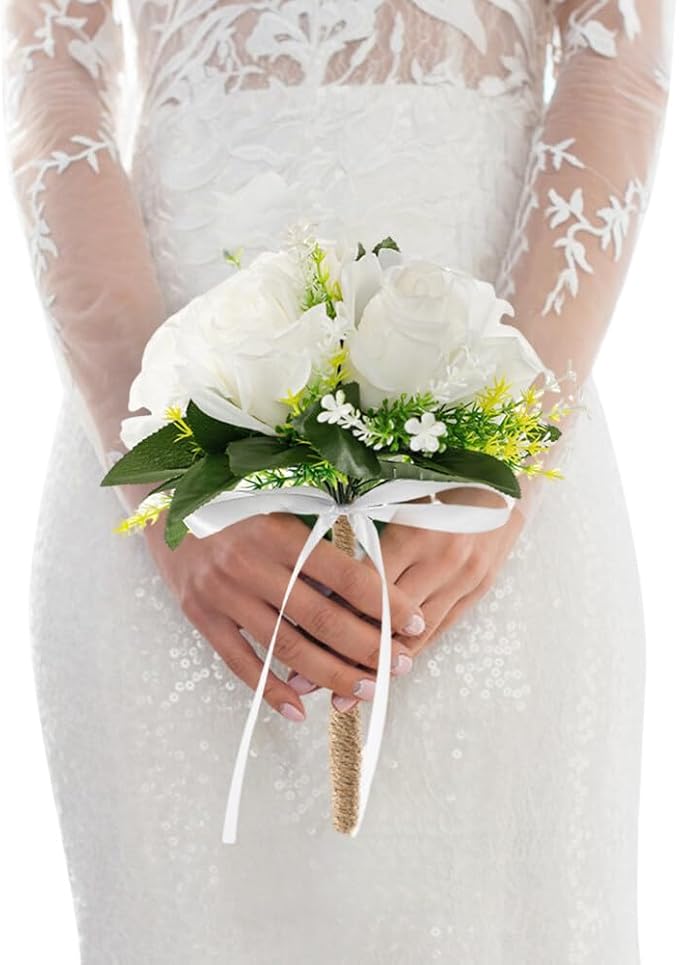 Eforcase Wedding Bouquet - Artificial White Rose Flower Bouquets for Bride and Bridesmaid - Faux Ribbon Holding Flowers for Wedding Decor
