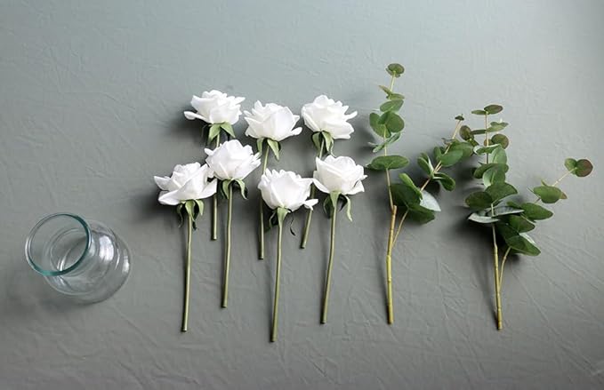 Artificial Flowers with White Roses in Vase, Fake Flowers Bouquet with Vase, Silk Flower Arrangements with Artificial Flowers for Home Dining Table Decor(No Fake Water).