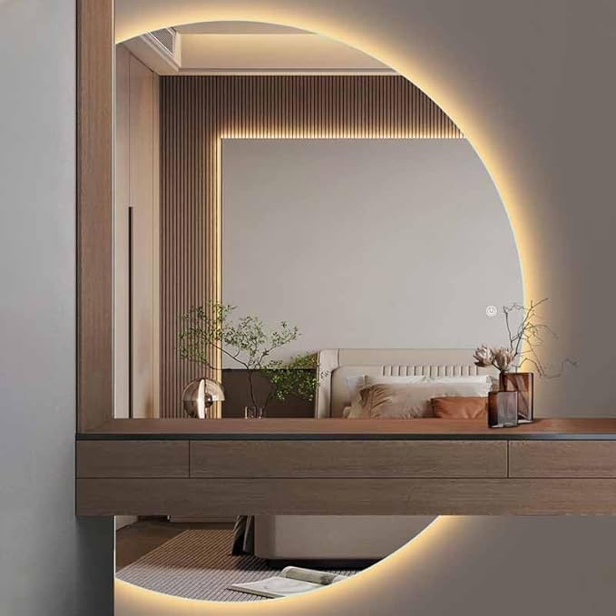 Half Moon LED Bathroom Mirror, Frameless Backlit Wall Mirror, Anti-Fog Smart Vanity Mirror,3 Colors Lights Dimmable Brightness and Time,Touch Switch (Right Semicircle, 100 * 70)