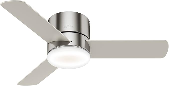 Hunter 44 inch Indoor Ceiling Fan with Light and Remote Control - For Bedroom or Living Room, Low Profile Mount, Modern Ceiling Fan with LED Light, Quiet, 3 Blades - Minimus 59454, Brushed Nickel