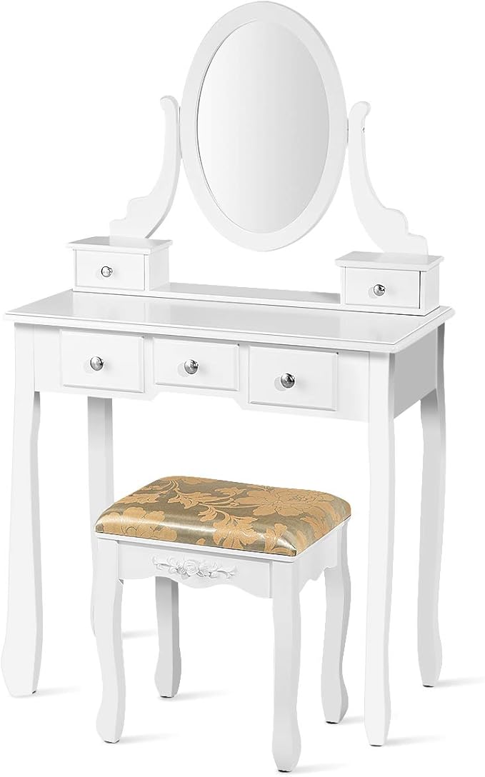 CHARMAID Vanity Table Set with Rotatable Oval Mirror, Bedroom Makeup Table with 5 Drawers for Women Girls, Dressing Table with Cushioned Stool (White)