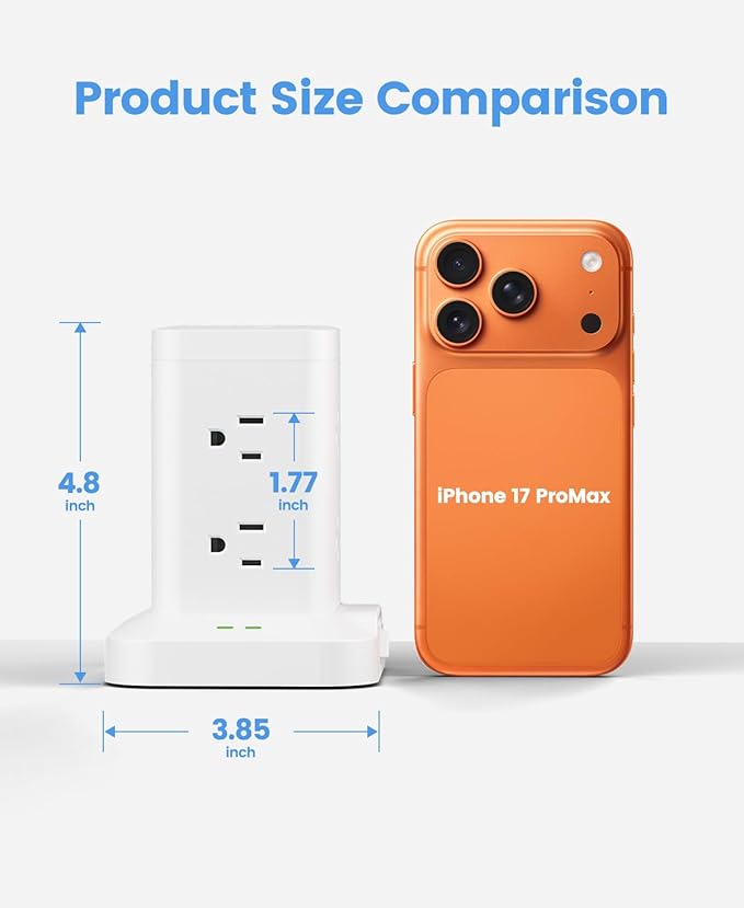 Power Strip Tower with Surge Protector 1800J, Fast Charging Tower PD20W USB-C Ports with 8 AC Outlets, 6ft Extension Cord for Home Office Dorm Room, White
