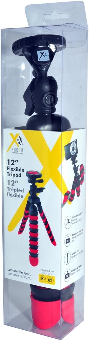 Xit XT12FLXTR 12-Inch Flexible Tripod, Quick Release Plate, Bubble Level, Wrapable Legs (Red/Black)