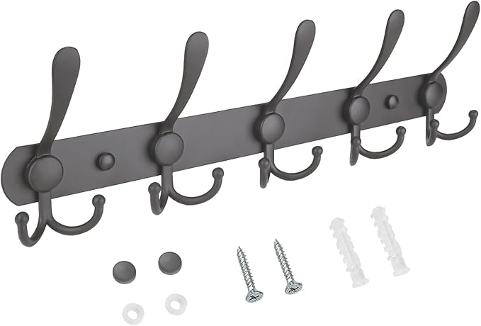 TICONN Wall Mounted Coat Rack, Five Heavy Duty Tri Hooks All Metal Construction for Jacket Coat Hat in Mudroom Entryway (Space Gray, 1-Pack)