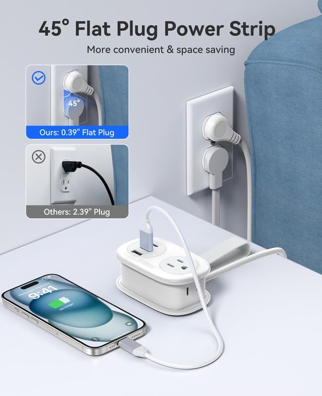 ORICO Travel Power Strip, 3.7FT Small Extension Cord, Portable Power Strip Flat Plug with 2 AC Outlets 3 USB Ports (1 USB C), Multi Plug Extension Cord for Travel, Cruise, Office, Hotels