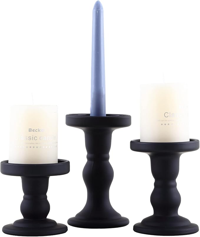 GMWD 3 Pcs Black Glass Candle Holder Set Clear, Candlesticks Holders Pillar Taper Candles Tealight Stand for Wedding Centerpieces Home Decorations Dining Table