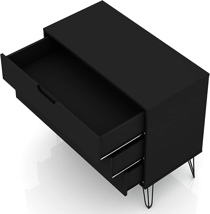 Manhattan Comfort Rockefeller 3 Drawer Dresser for Bedroom Storage, Closet, Living Room, Entryway, TV Stand for Screens up to 32 Inches, Anti-Tip Kit Included, Set of 2, Black