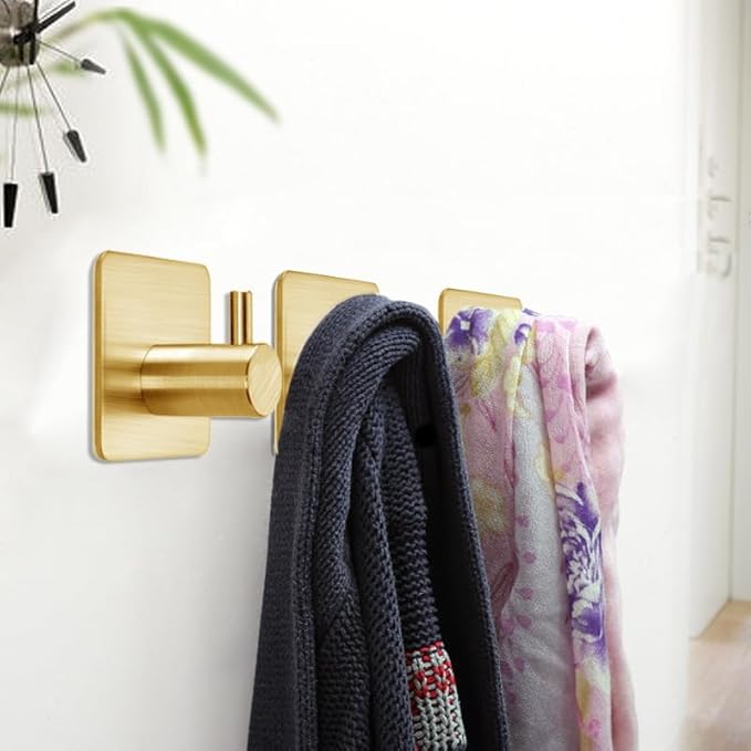 Gold Adhesive Hooks 15LB (Max), Non Tarnish Sticky Hooks for Hanging Towels, Coat, Backpack, Purse, Hat, Key, Self-Adhesive Towel Holder for Shower Closet Bathroom-4 Packs