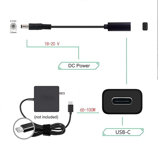 NFHK Type C USB-C Female Input to DC 5.5 * 2.1mm Power PD Charge Cable fit for Laptop 18-20V