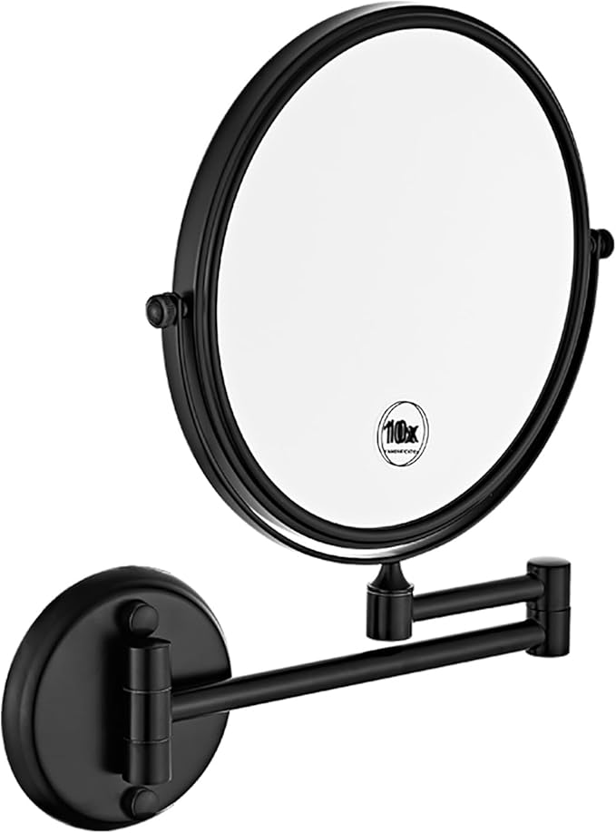 1x10x Magnifying Double Sided Bathroom Mirror 360 Degree Swivel Makeup Mirror Black Adjustable Extension Arm Wall Mount 8 Inch Non-Illuminated Beauty Mirror Shaving Mirror (Round Base)