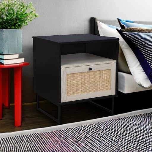Nathan James Mina Rattan Wood End Side Accent Table Nightstand with Storage, Set of 2, Black Oak/Black