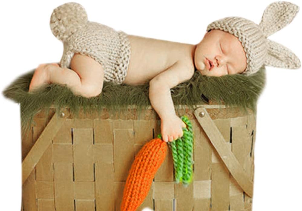 1st IDOPIP Newborn Baby Easter Bunny Photography Props Costume Boy Girl Crochet Knit Rabbit Hat Diaper Carrot Birthday