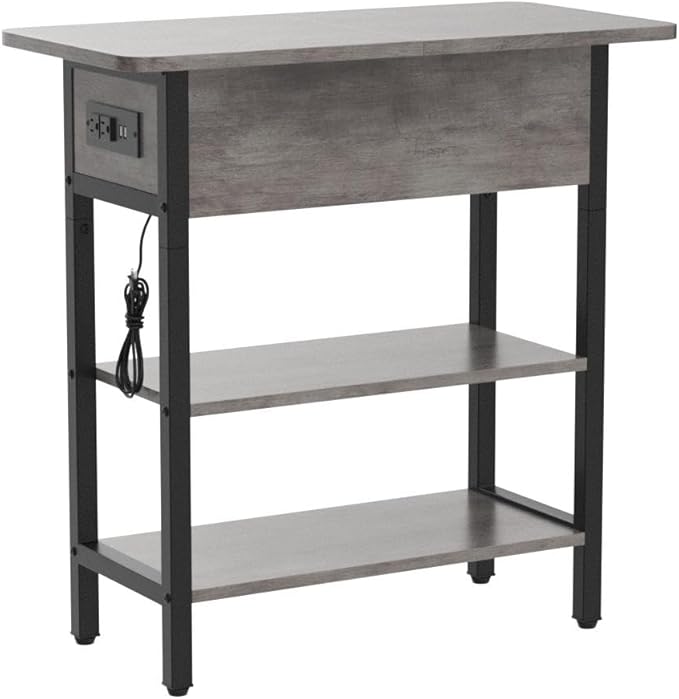 Yoobure End Table with Charging Station, Flip Top Side Table with USB Ports and Outlets, Sofa Couch Table Bedside Table for Living Room Bedroom, Narrow Nightstand with Storage Shelves for Small Space