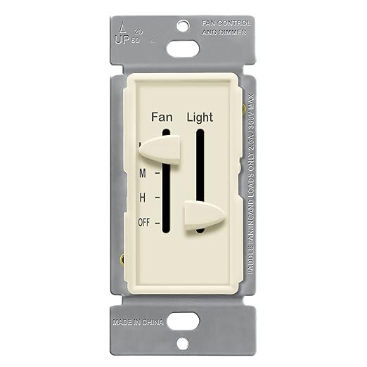 ENERLITES 3 Speed Ceiling Fan Control and LED Dimmer Light Switch, Light and Fan Combination Switch, Single Pole, 2.5A, 300W Incandescent, No Neutral Wire Required, 17001-F3-LA-F, Light Almond