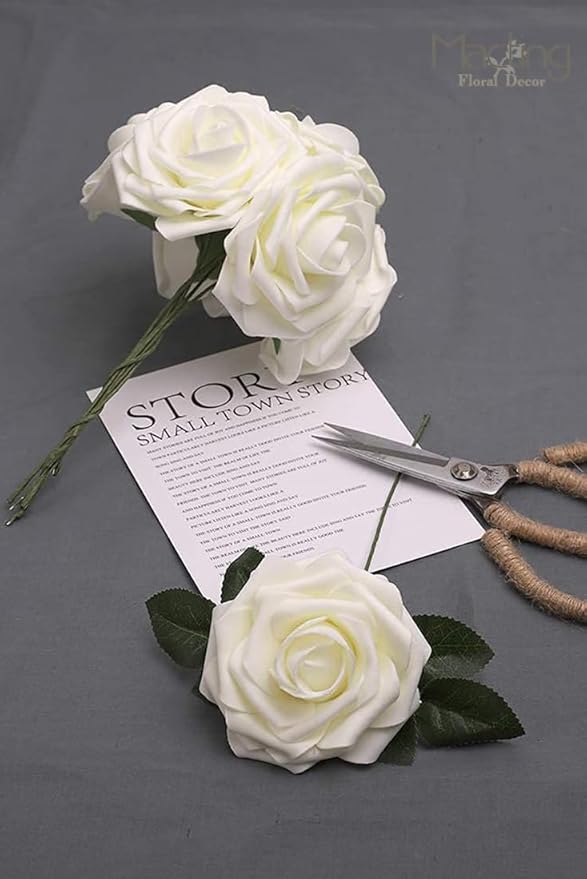 MACTING Artificial Flower Roses 30PCS Real Looking Fake Roses with Stem Ivory Foam Flowers for DIY Wedding Flower Bouquets Table Centerpieces Party Baby Shower Home Spring Mothers Day Decorations