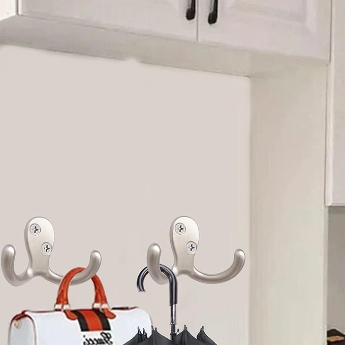 10pcs Coat Hooks Hardware, Wall Hooks Heavy Duty Hooks for Hanging Coats Double No Rust Hook Wall Mounted for Key, Towel, Bags, Cup, Hat (Silvery)