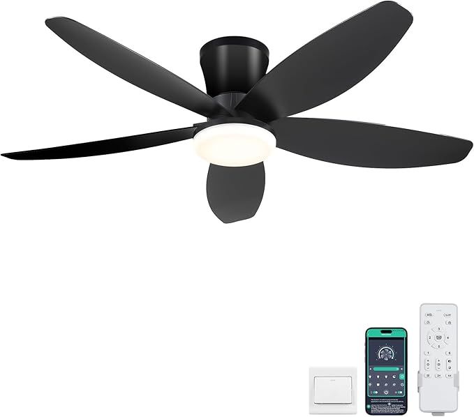 42" Ceiling Fans with Lights-Low Profile Ceiling Fan with Light and Remote/APP Control,Flush Mount,DC Reversible,LED Dimmable Blakc Ceiling Fans for Bedroom,Indoor/Outdoor Patio Use