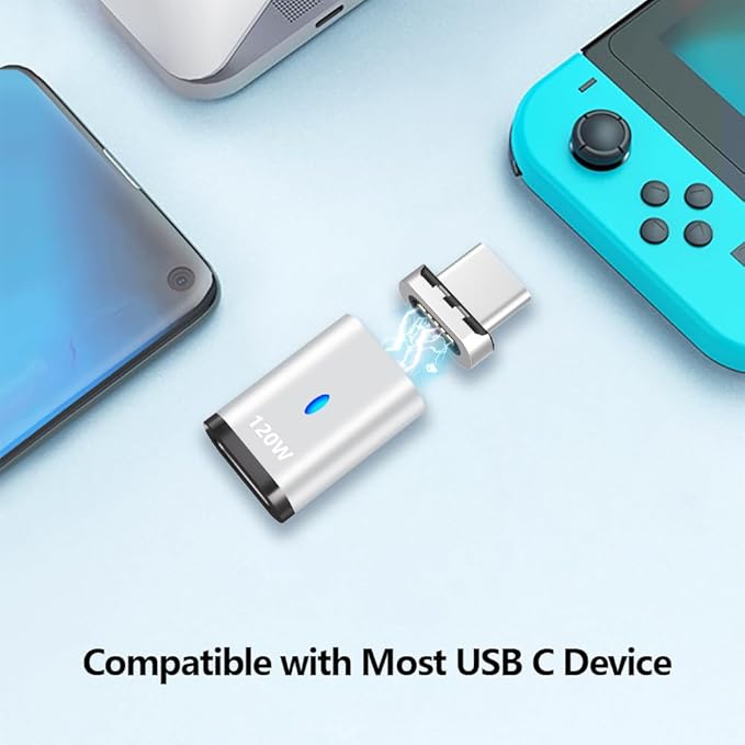 USB C Magnetic Adapter 3 Pack, 120W Straight USB2.0 Type C Connector 5Pin with 480Mbps Data Transfer, Compatible for MacBook Pro/Air iPad Pro and More USB C Devices, Silver