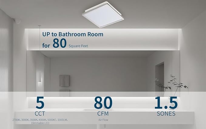 Tech Drive Modern Nickel Bathroom Exhaust Fan with Light, 80CFM, 1000lm Dimmable 5CCT LED Light Selectable, Quiet Ventilation fan with night light,Energy Star Certified,Decorative Nickel Trim