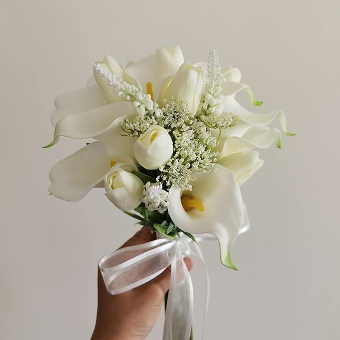 Tulips Calla Lily Artificial Flowers | Real Touch |Bridal Bouquet | Wedding Bouquet Home Décor Party (White) (White 1 Bouquet)