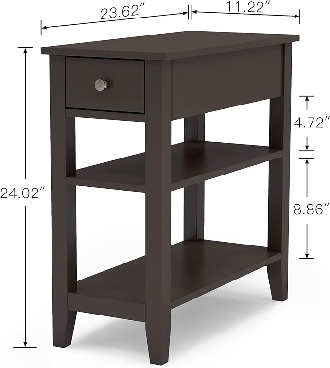 ChooChoo Side Table Living Room, Narrow End Table with Drawer and Shelf, 3-Tier Sofa End Table for Small Space, Espresso