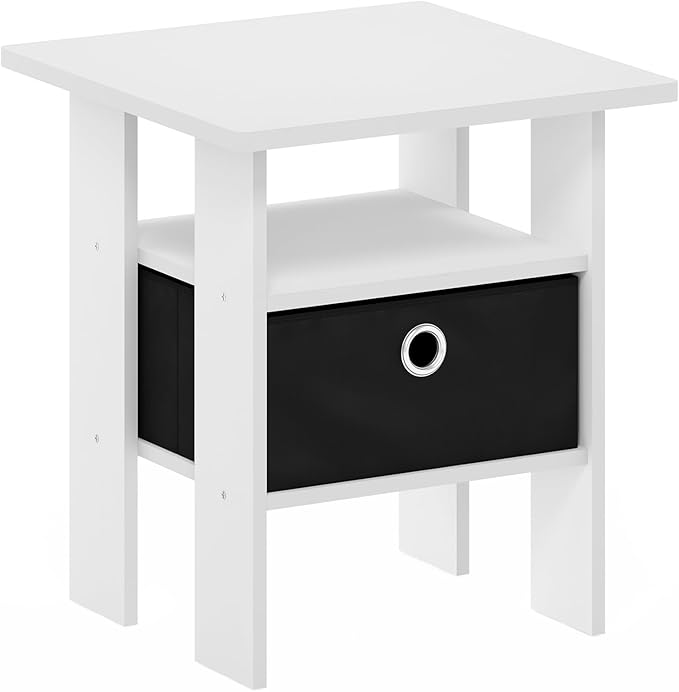 Furinno Andrey Side Table, End Table, Night Stand with Open Shelves and Storage Bin, Bedside Table, for Living Room, Bedroom, White