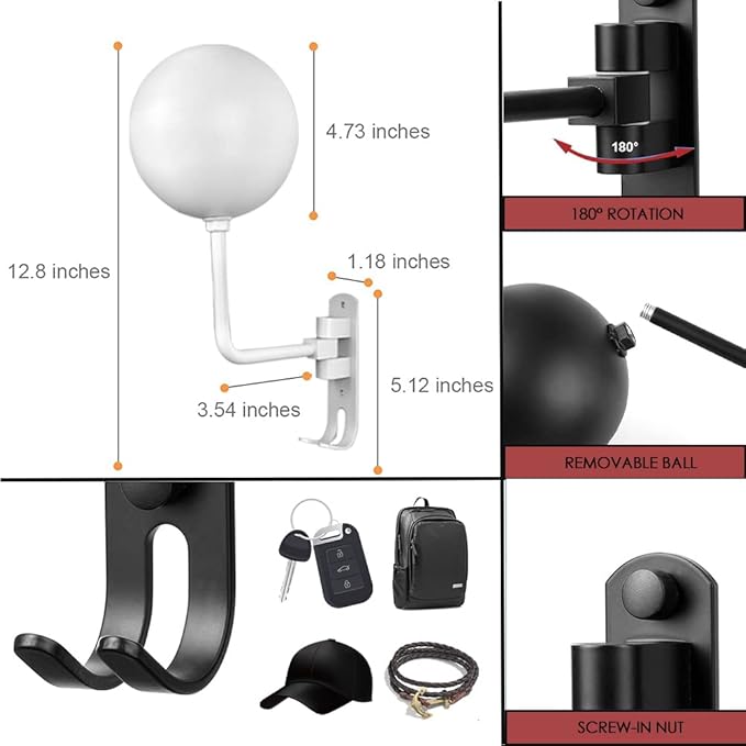 SNAGMO White 180° Motorcycle Helmet Rack, Rotation Metal Helmet Holder Wall Mounted Helmet Rack Motorcycle with 2 Hooks Helmet Hanger for Motorcycle Bike Coats, Caps, Baseballs, Rugby Helmet