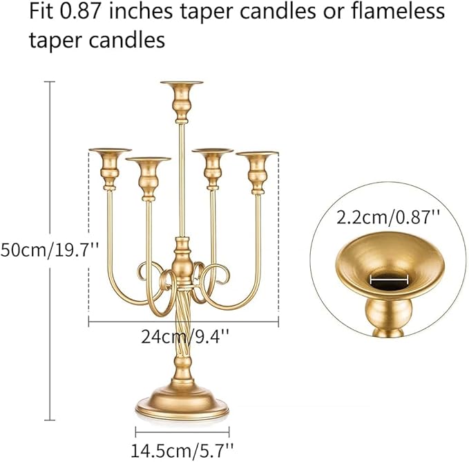 Metal Candelabra Gold Candle Stand 20in Tall, 5-Candle Candlestick Holder for Taper Candles, Candle Holder for Wedding Centerpiece Christmas Valentine Holiday Party Event Reception Decor, 2Pcs
