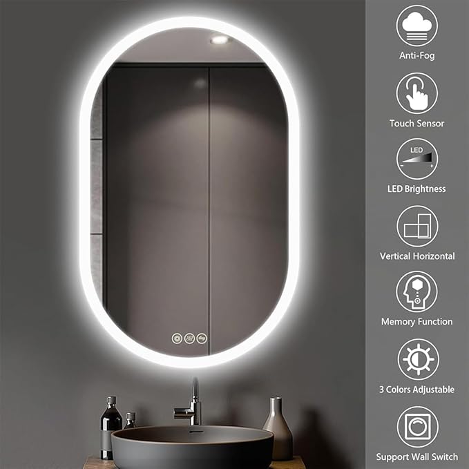 Bathroom LED Oval Mirror, 24 x 36 inches, Wall Mount, 3 Colors, Stepless Dimmable, Anti-Fog, Backlit, Frameless Frosted Edge, Home Mirror