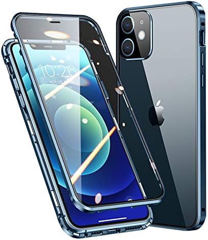 HENGHUI Blue Lockable iPhone 15 Pro Max Magnetic Case, Glass Case with Camera Lens Protector and Safety Lock