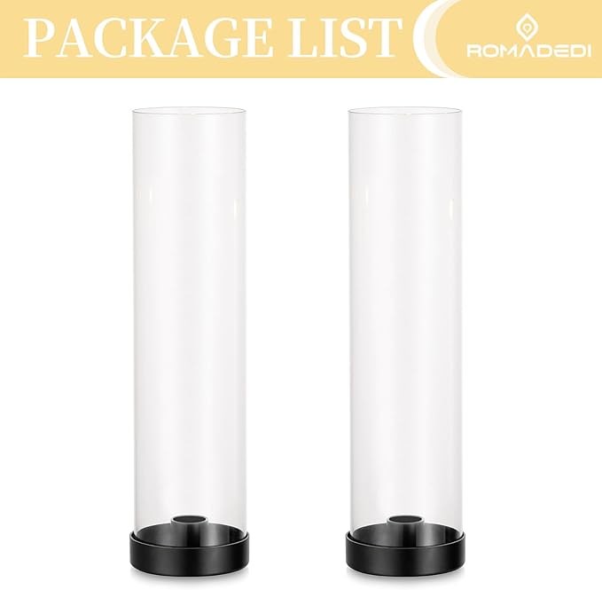 Romadedi Candlestick Candle Holders Hurricane Glass - 12 Inch Clear Black Taper Candle Holders for Table Centerpiece Wedding Party Birthday Christmas Decor Home Decorations, Set of 2