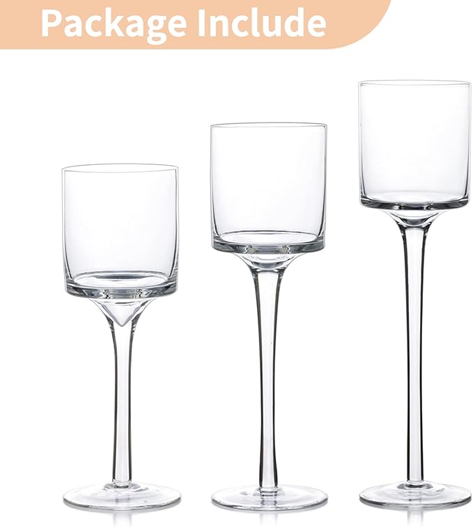NUPTIO Tealight Candle Holders Glass: Set of 3 Long Stemmed Candle Stands for Dinner Table Centerpiece - Monet Candleholders Pillar Floating Candles