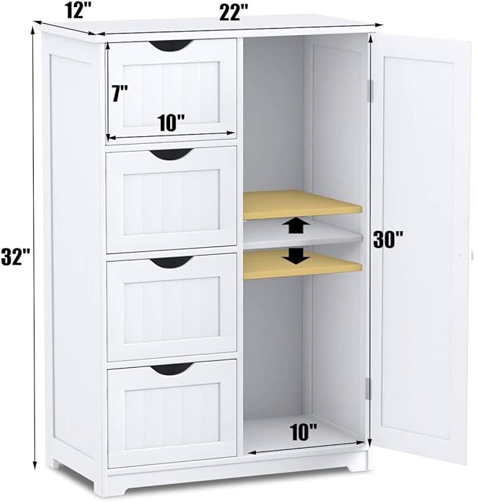 Giantex Storage Cabinet with 4 Drawers, Bathroom Storage Organizer with Cupboard, Adjustable Shelf, Anti-Toppling Device, Floor Cabinet, Entryway Storage Unit Console Table, White