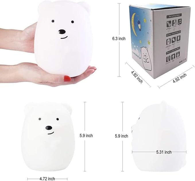Animal-Shaped Night Light, Rechargeable LED Soft Silicone (BPA Free) Bedside Lamp for Children/Adults, Adjustable Brightness and 9 Colors by Touch Control & Remote Control (Big Bear)