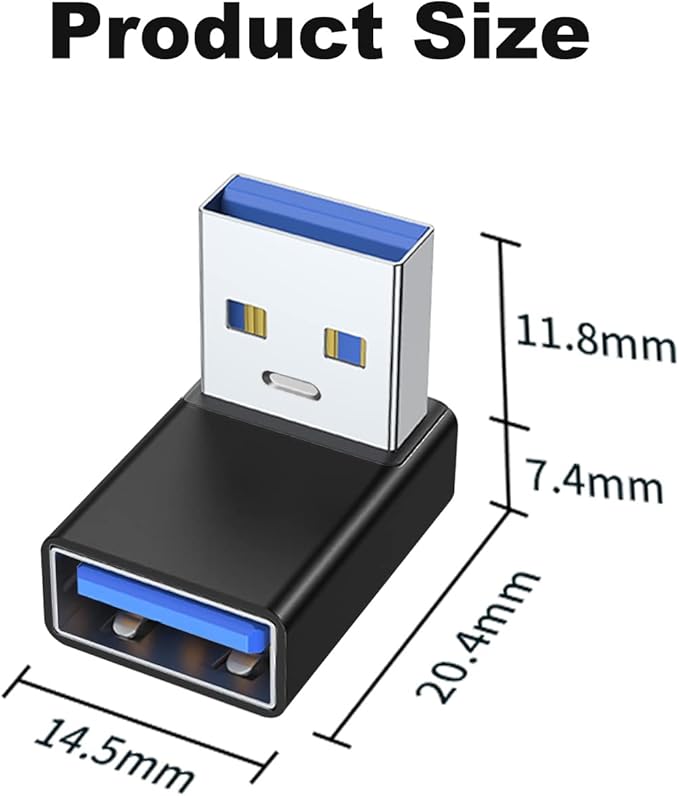 AreMe 90 Degree USB 3.0 Adapter 2 Pack, Up and Down Angle USB A Male to Female Converter Extender for PC, Laptop, USB A Charger, Power Bank and More (Black)