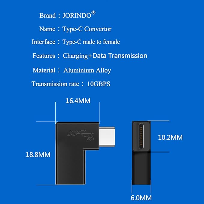 (2Packs 90 Degree Elbow L Shape USB C Male to Female Adapter,USB3.1 Support 10GBbps Rate,USB C Phone/Laptop Charging Port Converter, 5V,3.3A