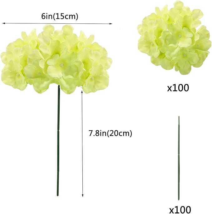 100PCS Artificial Hydrangea Flowers, Fake Flowers Silk Hydrangea Full Flowers Heads with Stems for Wedding Home Party Shop Baby Shower Decor (Mint Green)