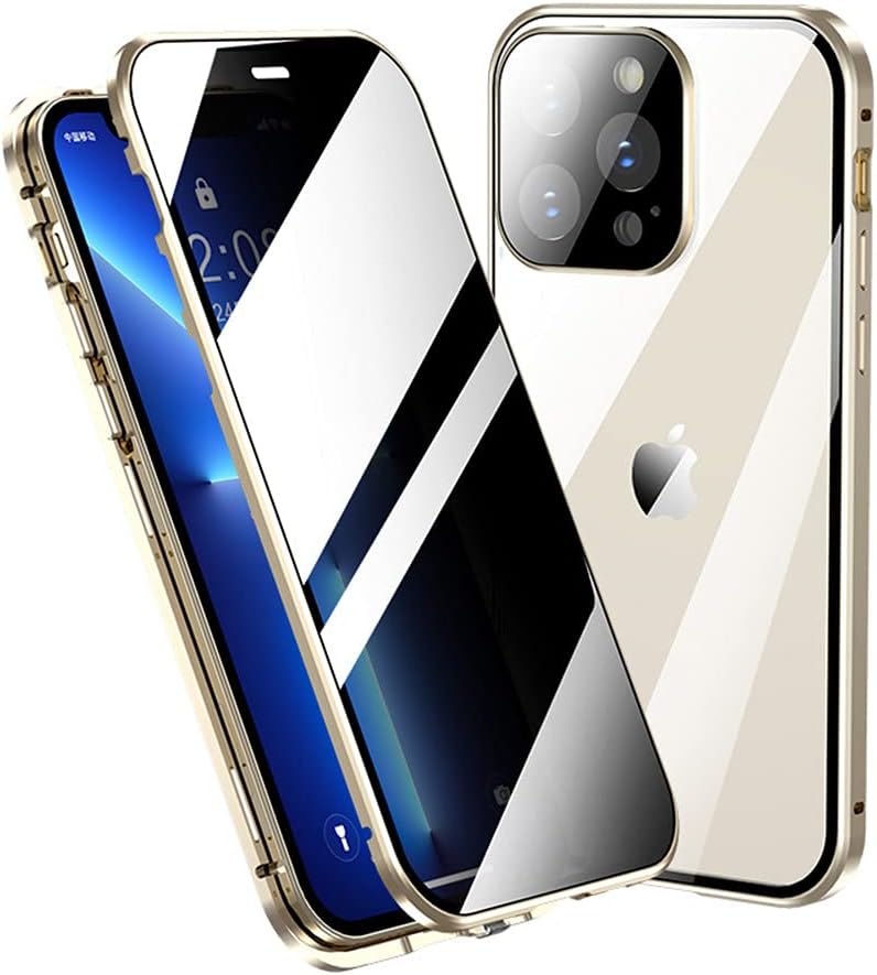 HENGHUI Anti-Peep Lockable Case for iPhone 14 Pro Max, Gold, Magnetic Glass, Camera Lens & Privacy Screen Protector,